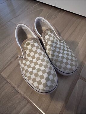 Classic Vans Kids Slip-On Checkerboard Sneakers - Beige/White